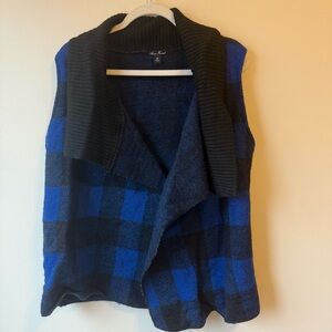 Anne French Wool Blue and Black Buffalo Plaid Sleeveless Cardigan